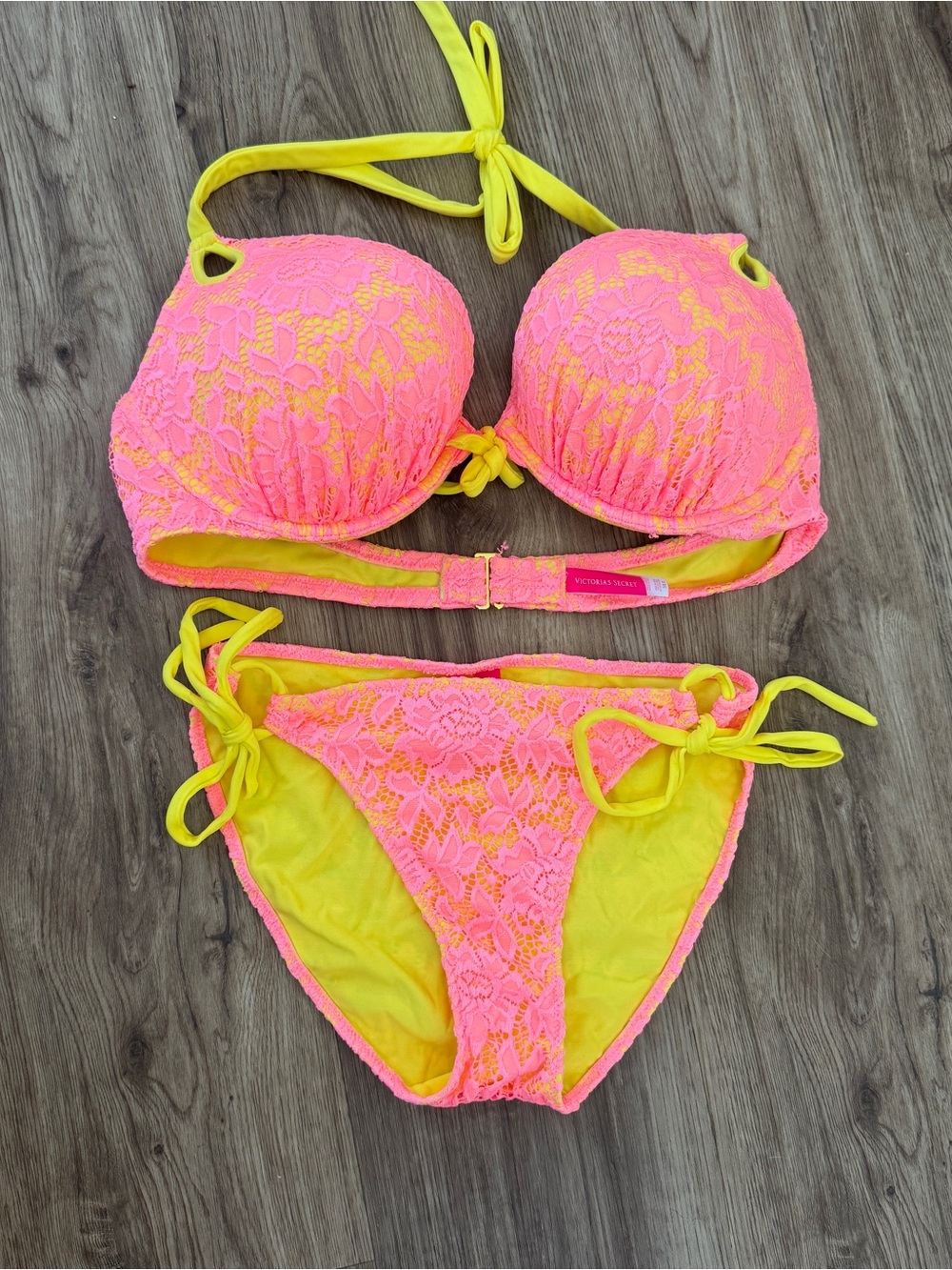 VS Neon Pink Lace & Yellow Bikini Set